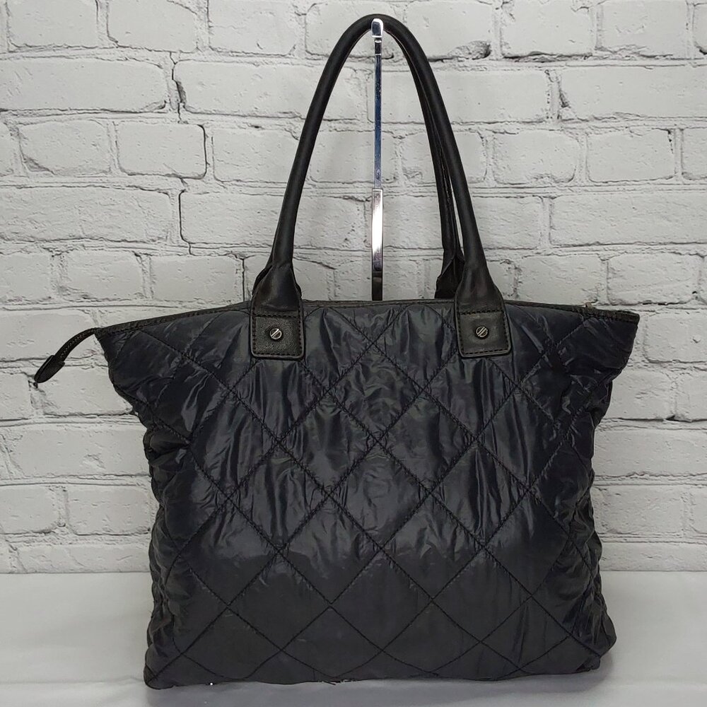 TORY BURCH TOTE BAG LEATHER & NYLON NAVY BLUE DOUBLE SHOULDER STRAPS - Picture 3 of 14